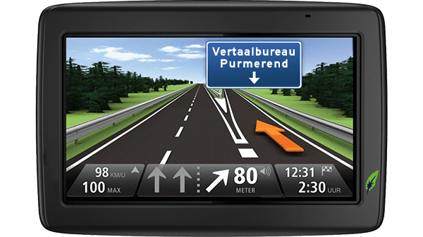Screenshot navigatiesysteem met tekst Vertaalbureau Purmerend aangegeven - in kleur op transparante achtergrond - 600 * 337 pixels